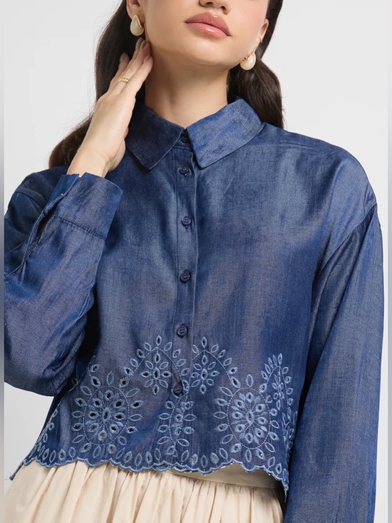 Tops - Zara Chambray Eyelet Embroidered Cropped Button Down Shirt